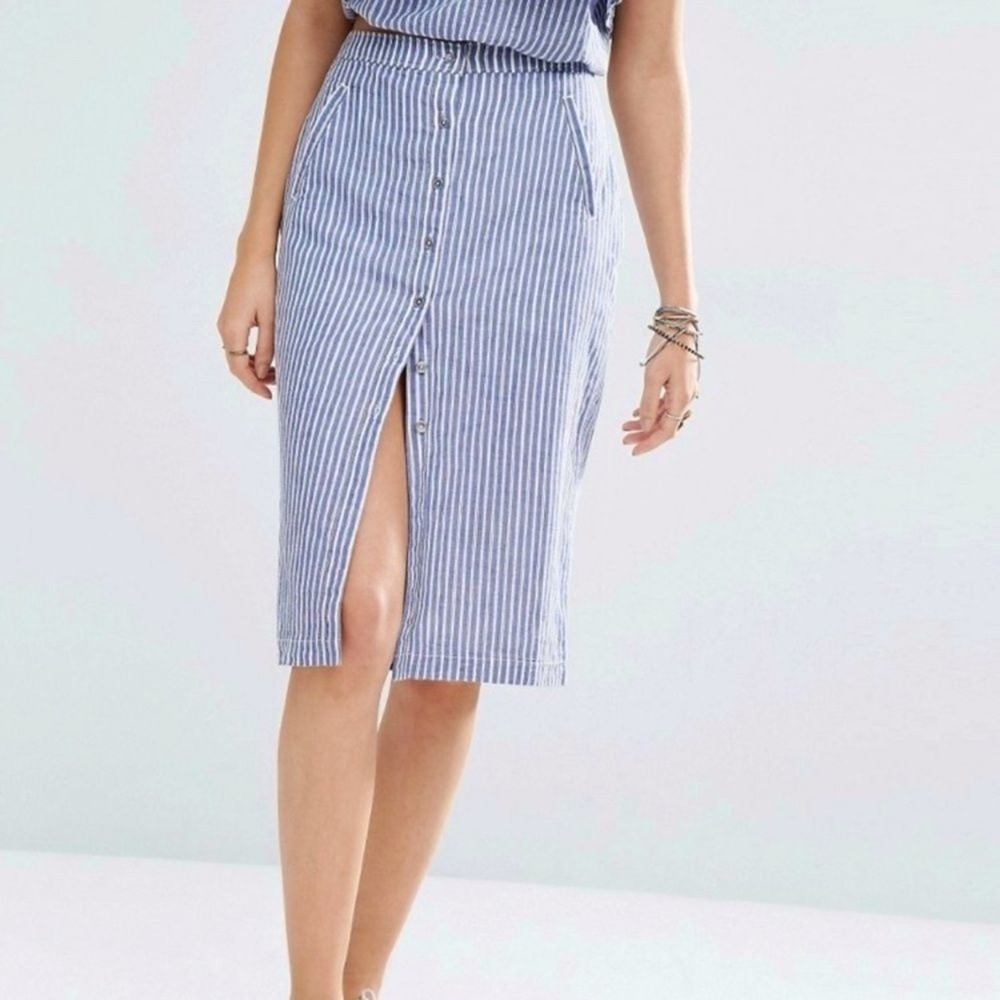 Abercrombie & Fitch Midi Skirt 10 Blue Striped Button Front 100% Cotton Nautical